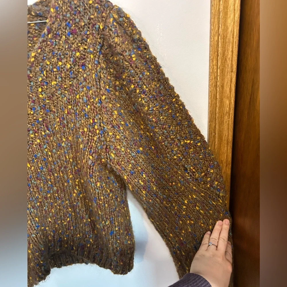 Zara Brown Multicolor V-Neck Sweater With Puff Sleeves - Picture 3 of 5